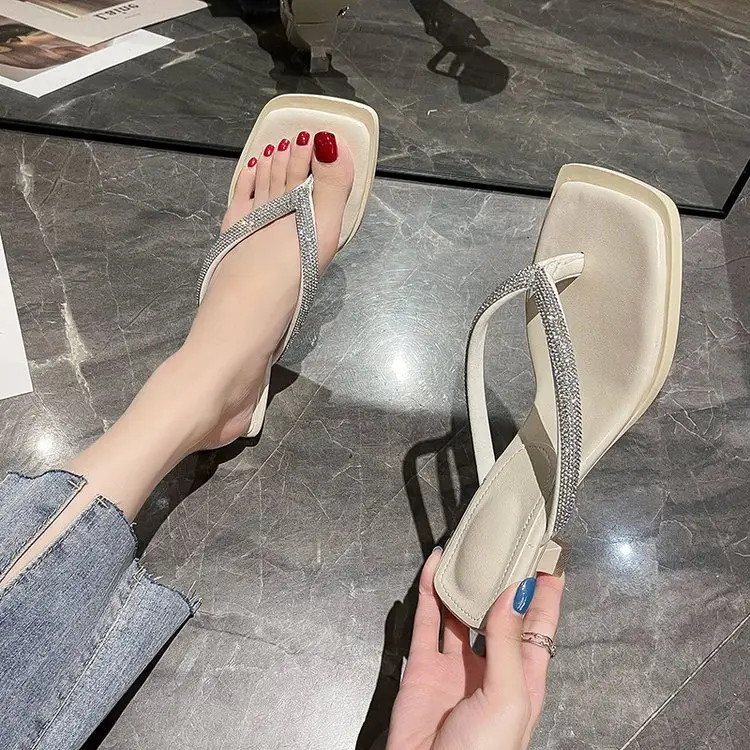 2023 Rhinestone Square Head Flip Flops Women