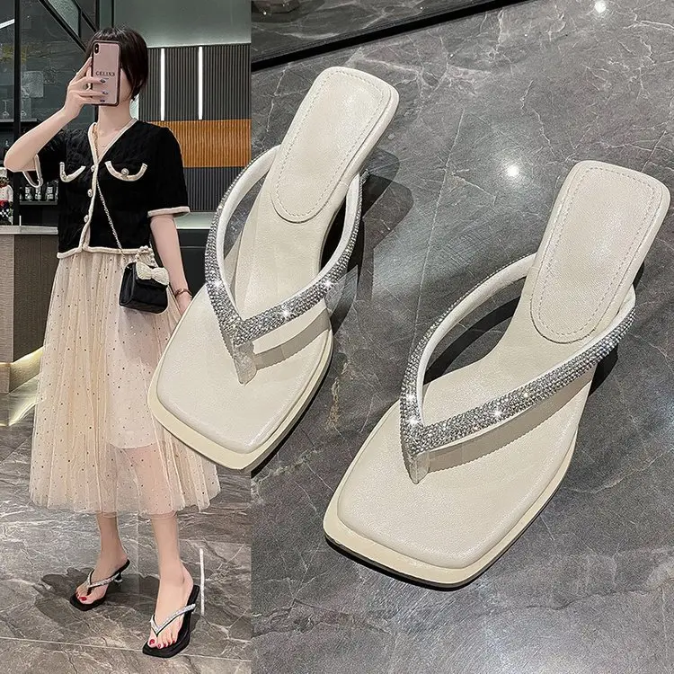 2023 Rhinestone Square Head Flip Flops Women