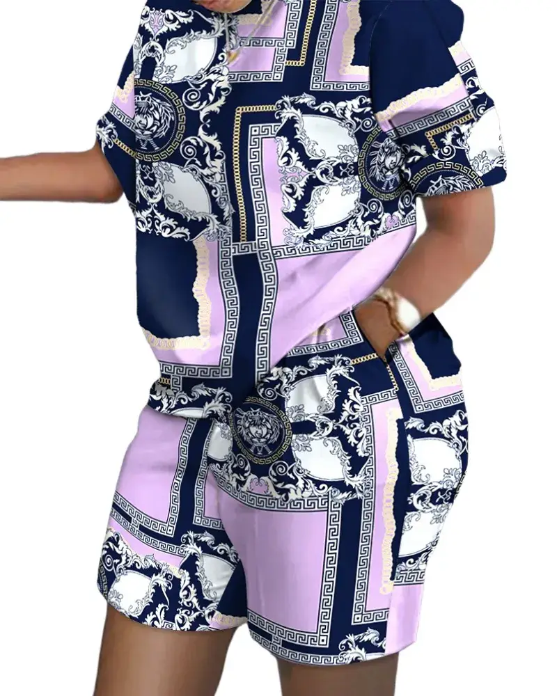 Printed Short-Sleeve Two-Piece Commuter Suit for Women - Image 2