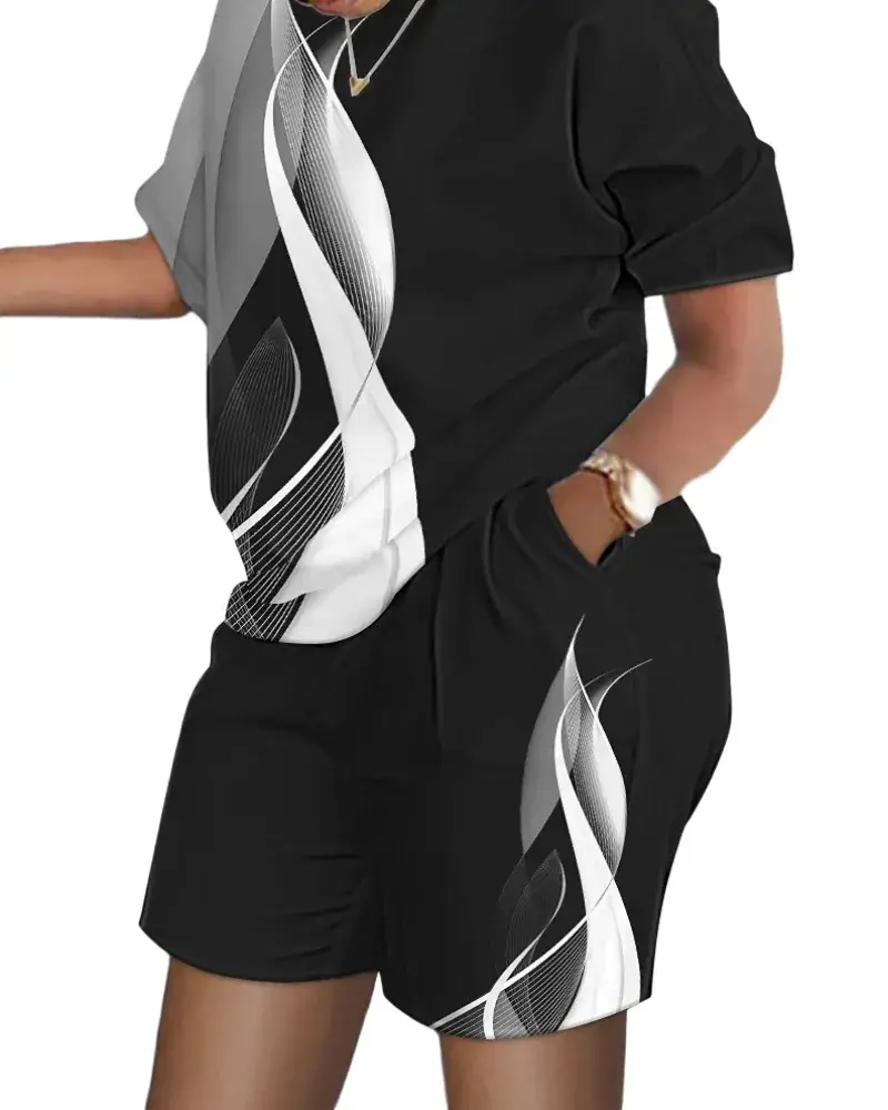 Printed Short-Sleeve Two-Piece Commuter Suit for Women - Image 4