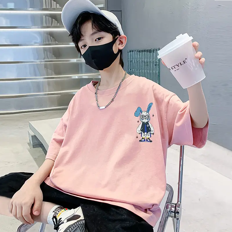 Boys Cotton Short Sleeve T-Shirt Pink Korean Style