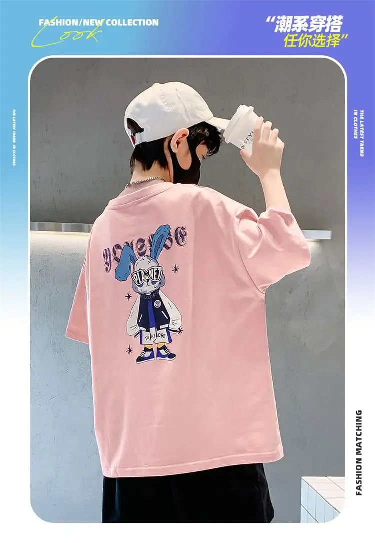 Boys Cotton Short Sleeve T-Shirt Pink Korean Style — feature 2