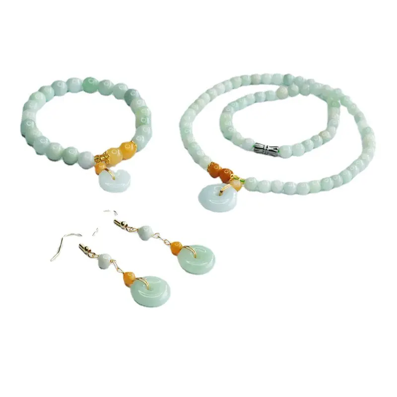 Guan Yu Natural Jade Bracelet Earring Hooks Three-Piece Set