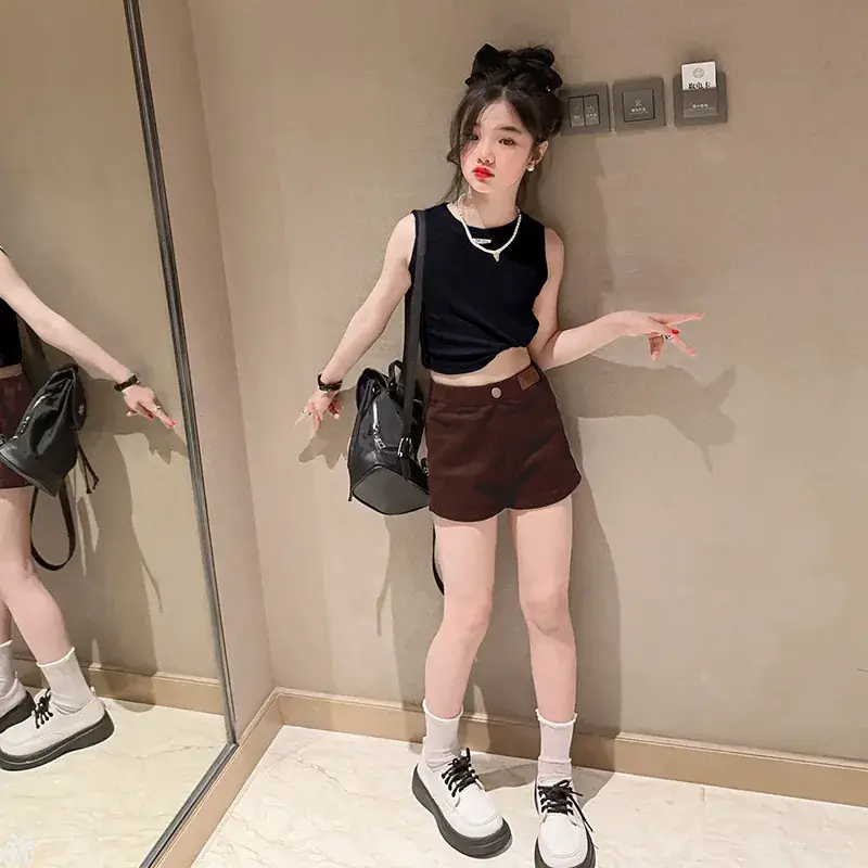 Girls Sleeveless Vest Shorts Set Black White Summer - Image 6