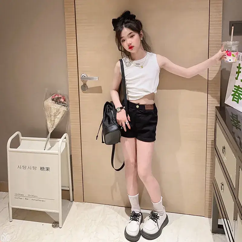 Girls Sleeveless Vest Shorts Set Black White Summer - Image 7