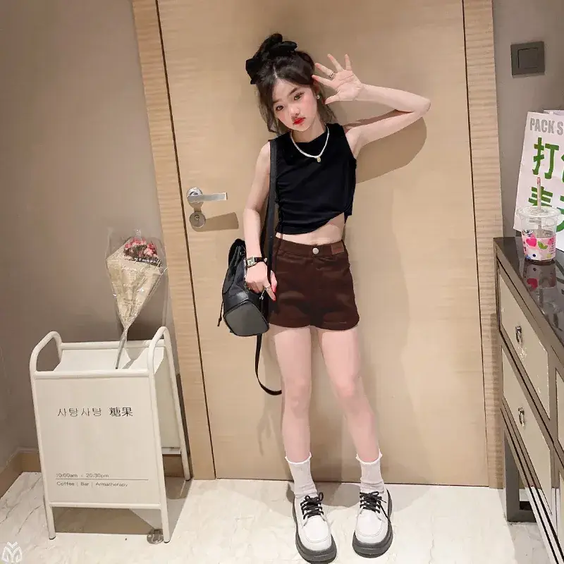 Girls Sleeveless Vest Shorts Set Black White Summer - Image 8