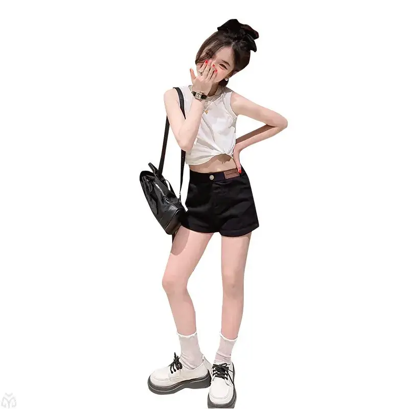 Girls Sleeveless Vest Shorts Set Black White Summer - Image 9