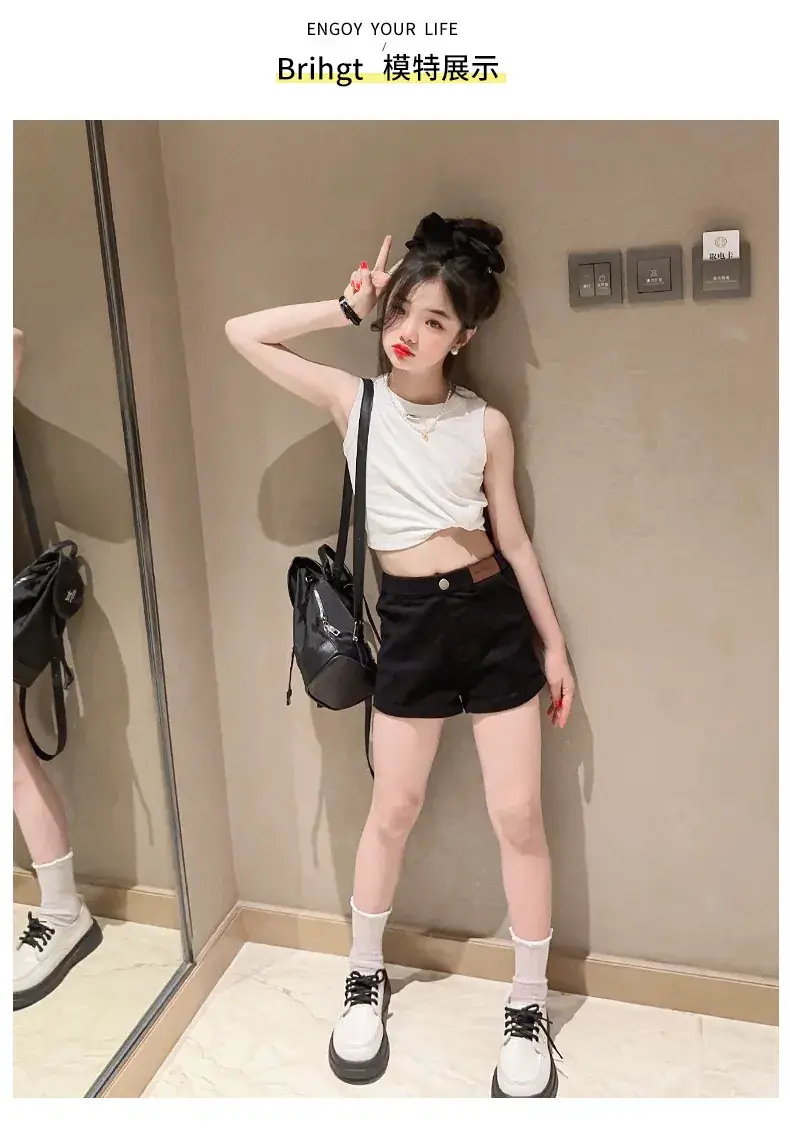 Girls Sleeveless Vest Shorts Set Black White Summer — feature 12