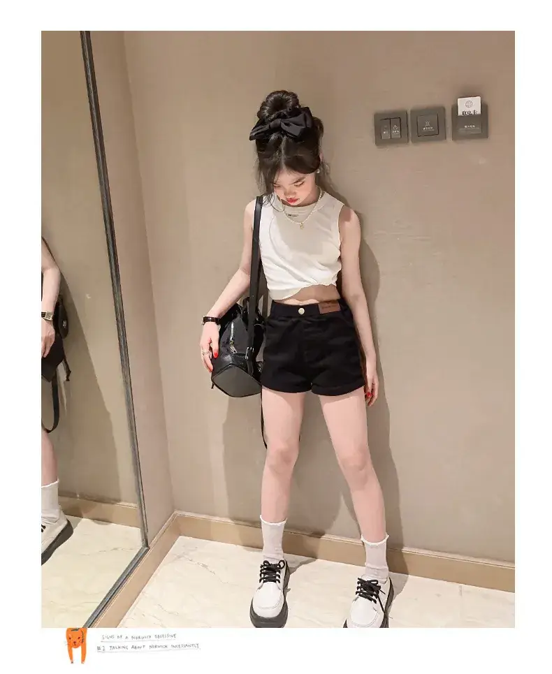Girls Sleeveless Vest Shorts Set Black White Summer — feature 13