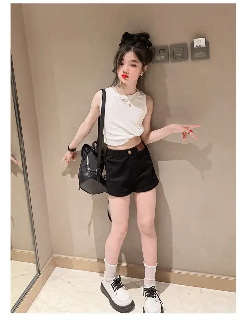 Girls Sleeveless Vest Shorts Set Black White Summer — feature 14