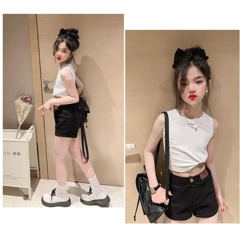 Girls Sleeveless Vest Shorts Set Black White Summer — feature 15