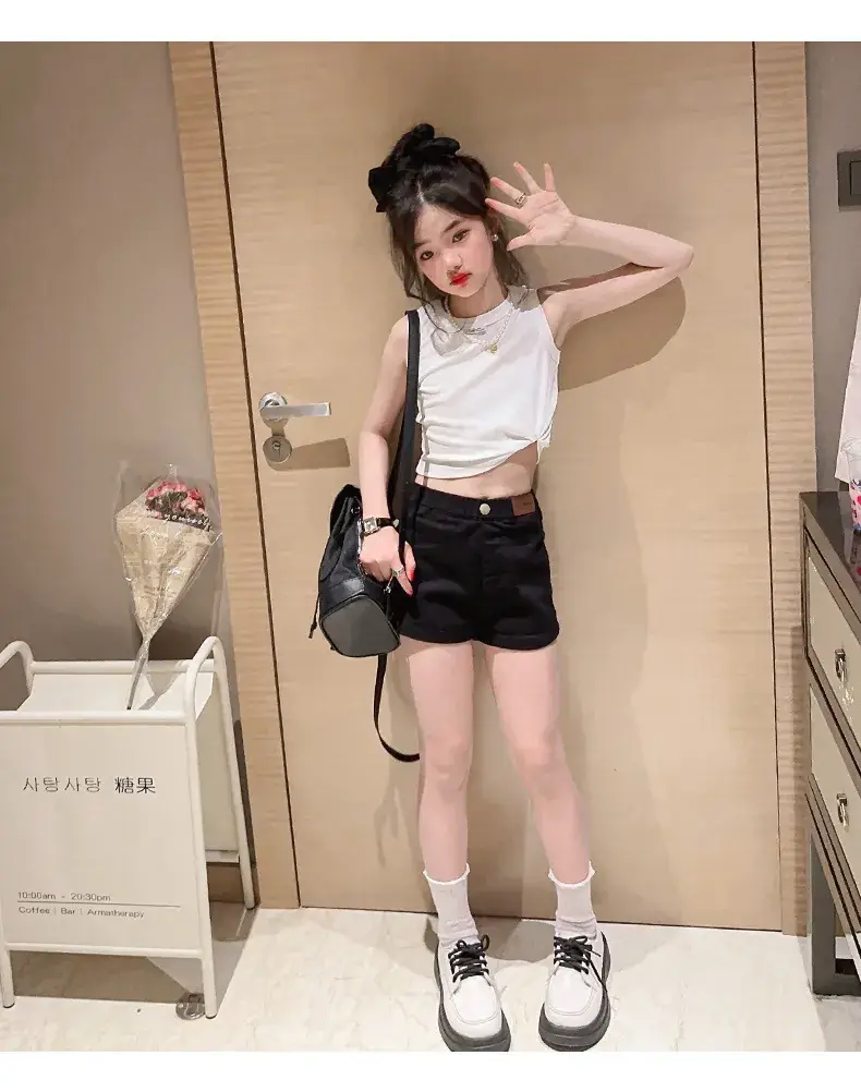 Girls Sleeveless Vest Shorts Set Black White Summer — feature 16