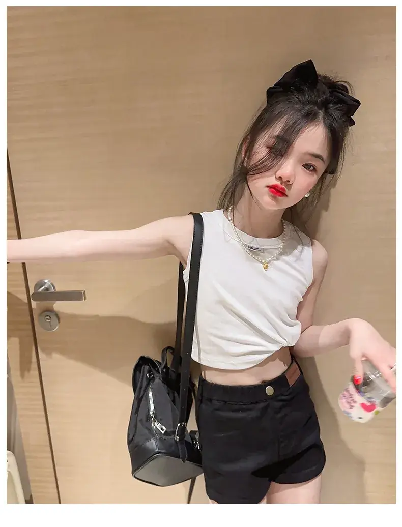 Girls Sleeveless Vest Shorts Set Black White Summer — feature 19