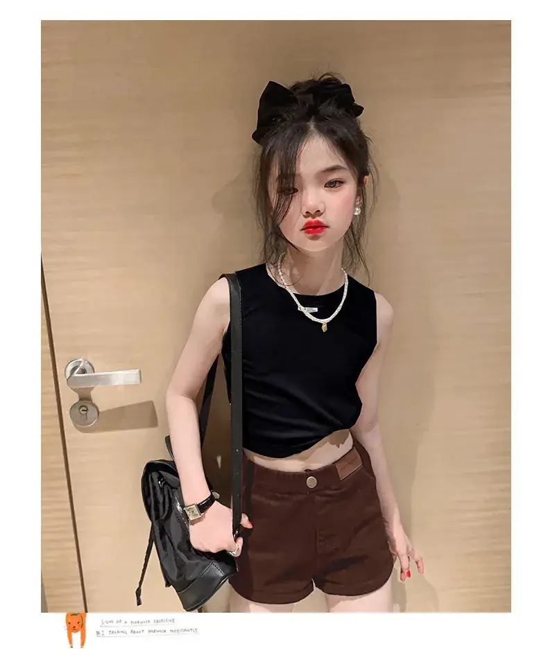 Girls Sleeveless Vest Shorts Set Black White Summer — feature 20