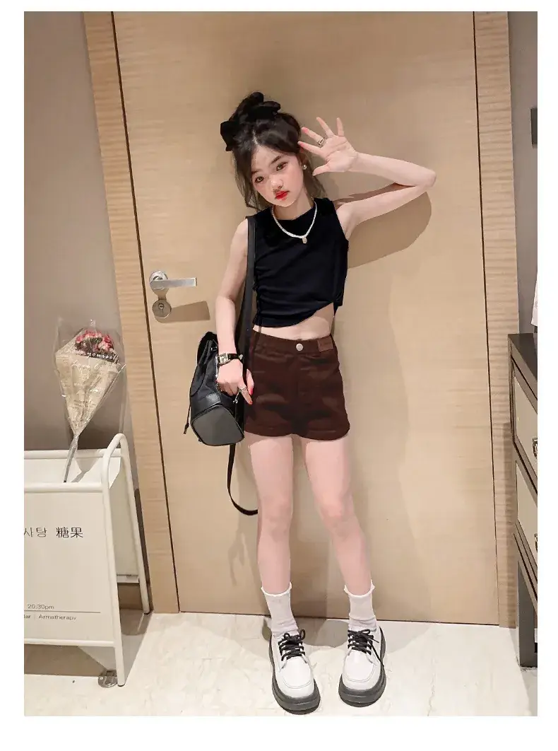 Girls Sleeveless Vest Shorts Set Black White Summer — feature 21