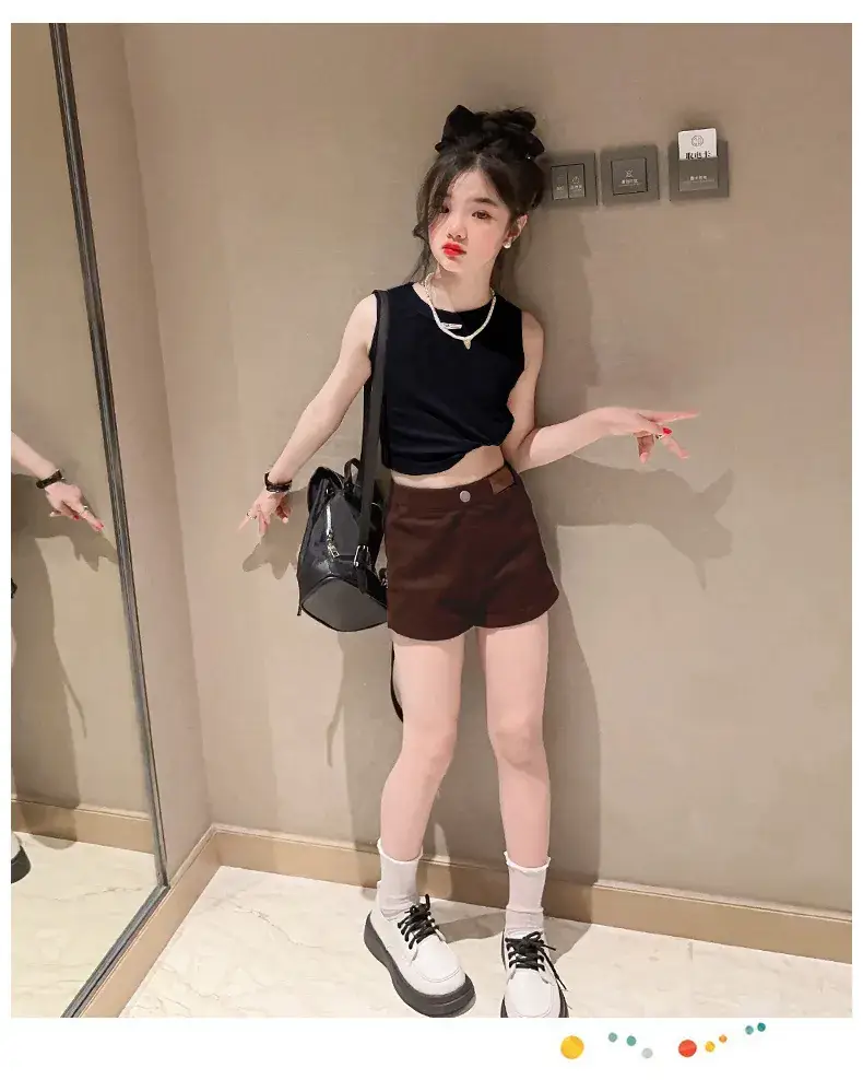 Girls Sleeveless Vest Shorts Set Black White Summer — feature 22
