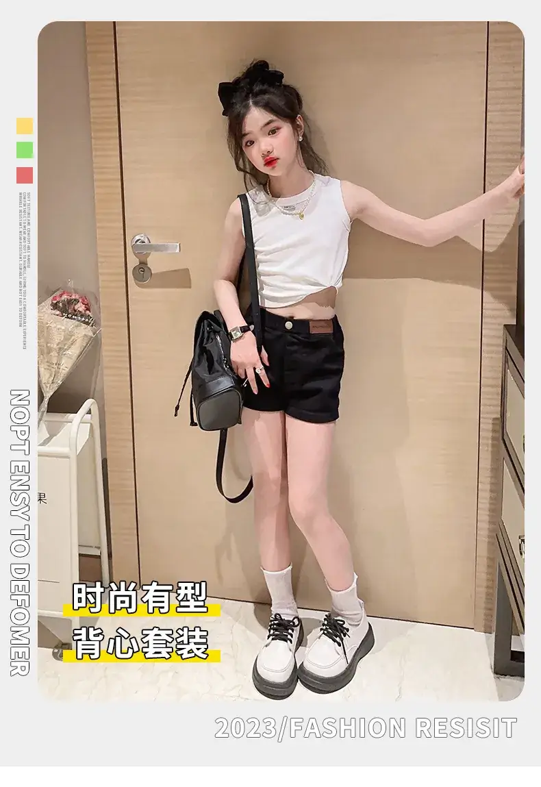 Girls Sleeveless Vest Shorts Set Black White Summer — feature 3