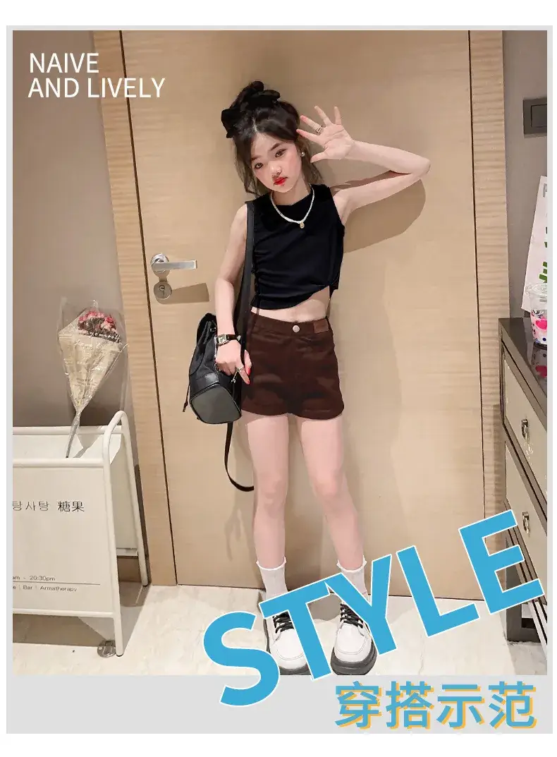 Girls Sleeveless Vest Shorts Set Black White Summer — feature 4
