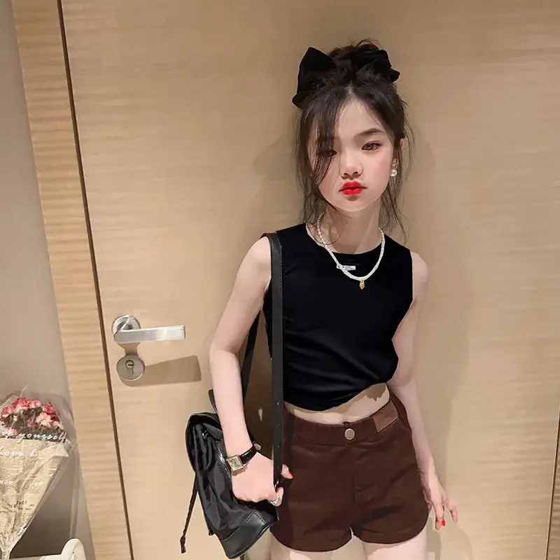 Girls Sleeveless Vest Shorts Set Black White Summer - Image 4