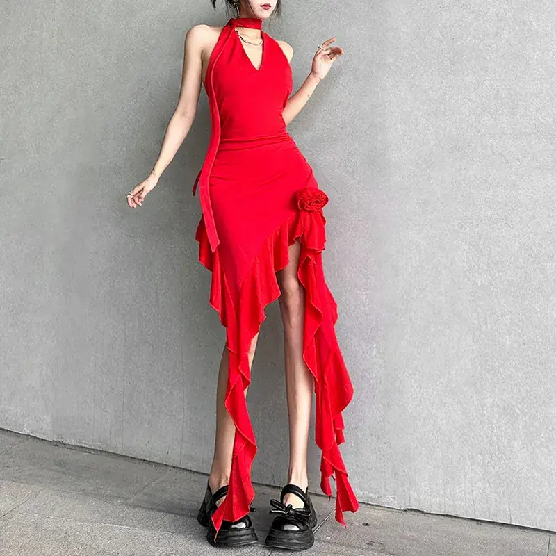 Red Backless Slim Fit Neck Dress for Women