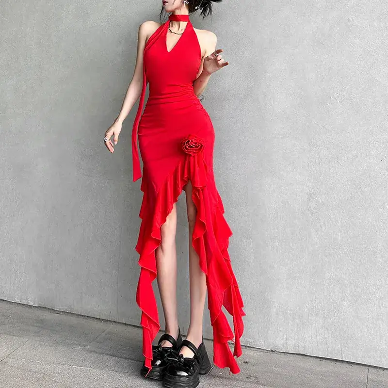 Red Backless Slim Fit Neck Dress for Women