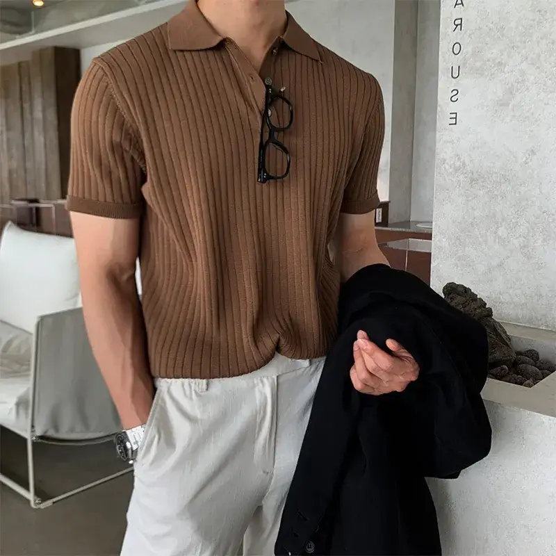 Men's Brown Ribbed Polo Short Sleeve Loose Casual Summer T-Shirt Bottoming Shirt - Image 5