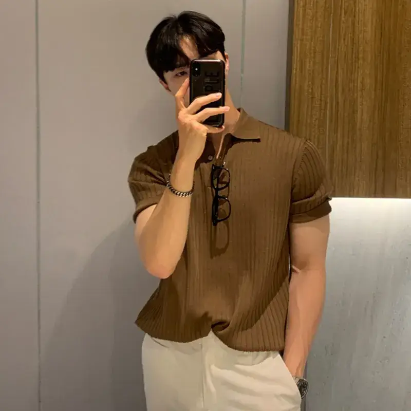 Men's Brown Ribbed Polo Short Sleeve Loose Casual Summer T-Shirt Bottoming Shirt - Image 6