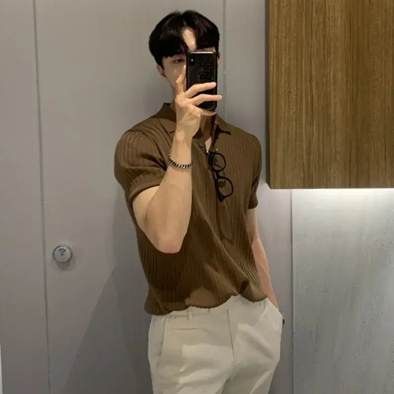 Men's Brown Ribbed Polo Short Sleeve Loose Casual Summer T-Shirt Bottoming Shirt - Image 7
