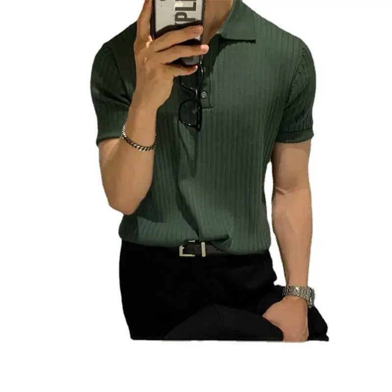 Men's Brown Ribbed Polo Short Sleeve Loose Casual Summer T-Shirt Bottoming Shirt - Image 8