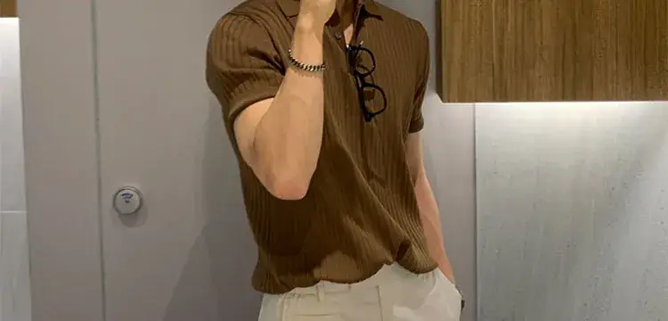 Men's Brown Ribbed Polo Short Sleeve Loose Casual Summer T-Shirt Bottoming Shirt — feature 33