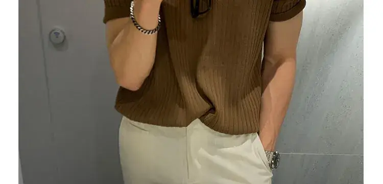 Men's Brown Ribbed Polo Short Sleeve Loose Casual Summer T-Shirt Bottoming Shirt — feature 35