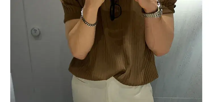 Men's Brown Ribbed Polo Short Sleeve Loose Casual Summer T-Shirt Bottoming Shirt — feature 37