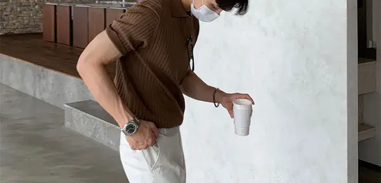 Men's Brown Ribbed Polo Short Sleeve Loose Casual Summer T-Shirt Bottoming Shirt — feature 41