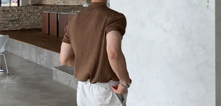 Men's Brown Ribbed Polo Short Sleeve Loose Casual Summer T-Shirt Bottoming Shirt — feature 43