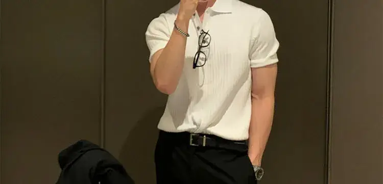 Men's Brown Ribbed Polo Short Sleeve Loose Casual Summer T-Shirt Bottoming Shirt — feature 47