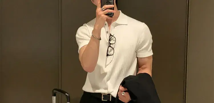 Men's Brown Ribbed Polo Short Sleeve Loose Casual Summer T-Shirt Bottoming Shirt — feature 51
