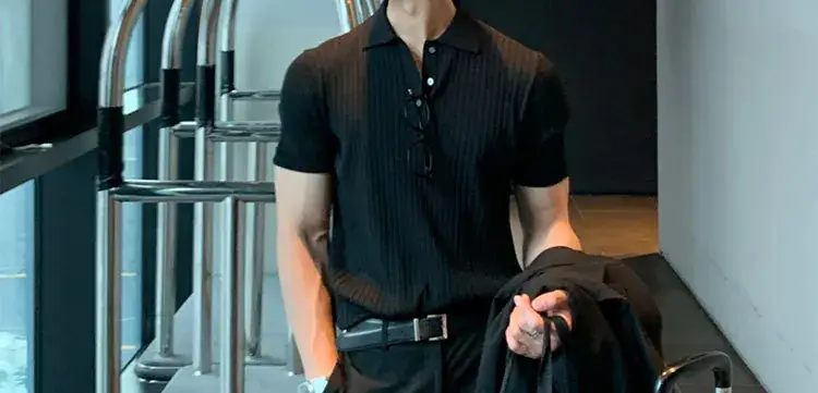 Men's Brown Ribbed Polo Short Sleeve Loose Casual Summer T-Shirt Bottoming Shirt — feature 62
