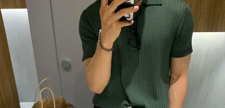 Men's Brown Ribbed Polo Short Sleeve Loose Casual Summer T-Shirt Bottoming Shirt — feature 66