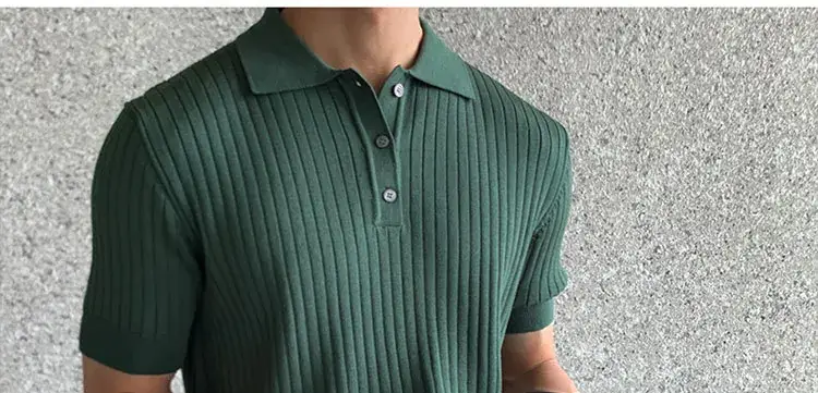 Men's Brown Ribbed Polo Short Sleeve Loose Casual Summer T-Shirt Bottoming Shirt — feature 70