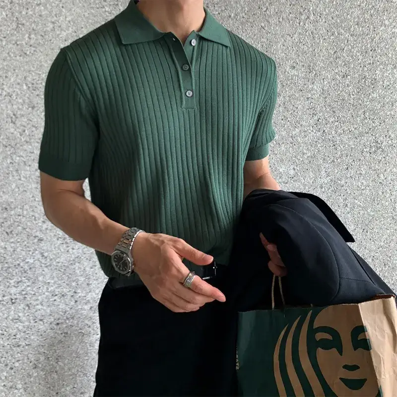 Men's Brown Ribbed Polo Short Sleeve Loose Casual Summer T-Shirt Bottoming Shirt - Image 2