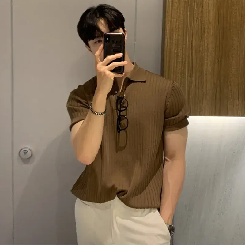 Men's Brown Ribbed Polo Short Sleeve Loose Casual Summer T-Shirt Bottoming Shirt - Image 3