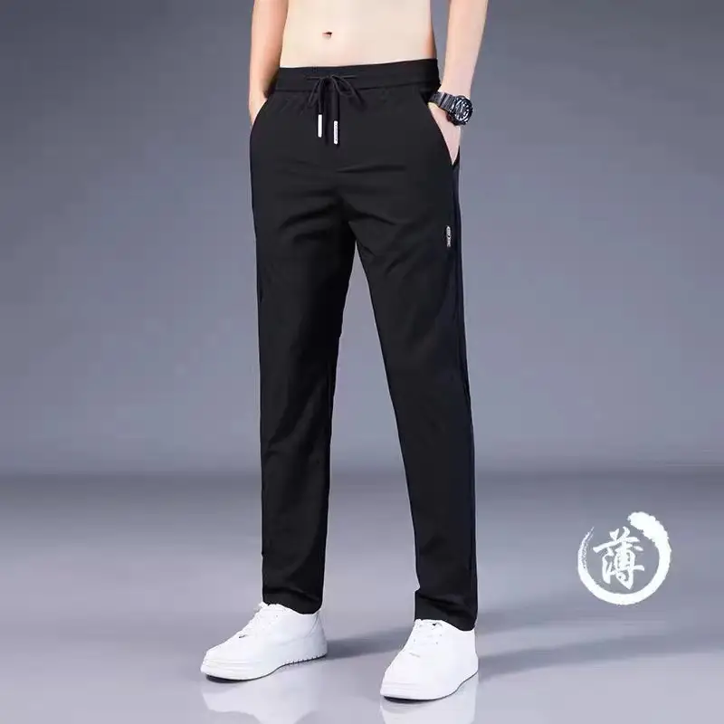 Plus Size Black Ice Silk Casual Pants for Men - Image 41