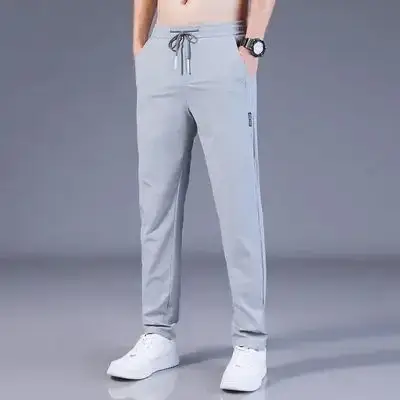 Plus Size Black Ice Silk Casual Pants for Men - Image 28