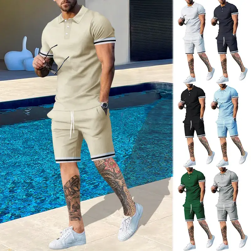 Men Green Short Sleeve Sports Shorts Set