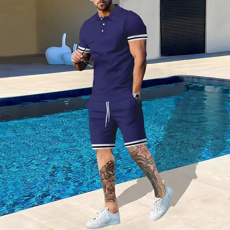 Men Green Short Sleeve Sports Shorts Set