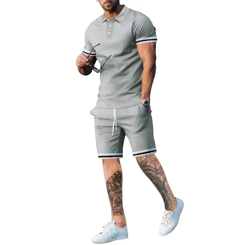 Men Green Short Sleeve Sports Shorts Set
