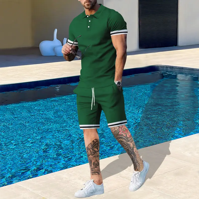 Men Green Short Sleeve Sports Shorts Set — feature 8