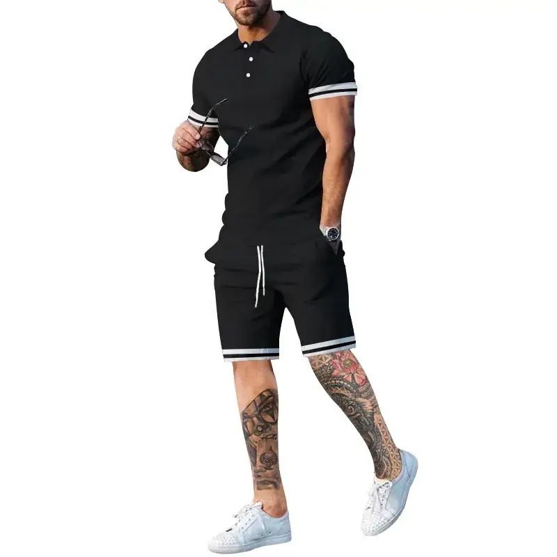 Men Green Short Sleeve Sports Shorts Set