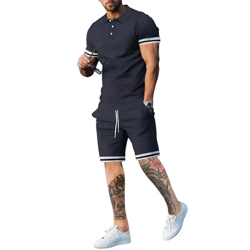 Men Green Short Sleeve Sports Shorts Set