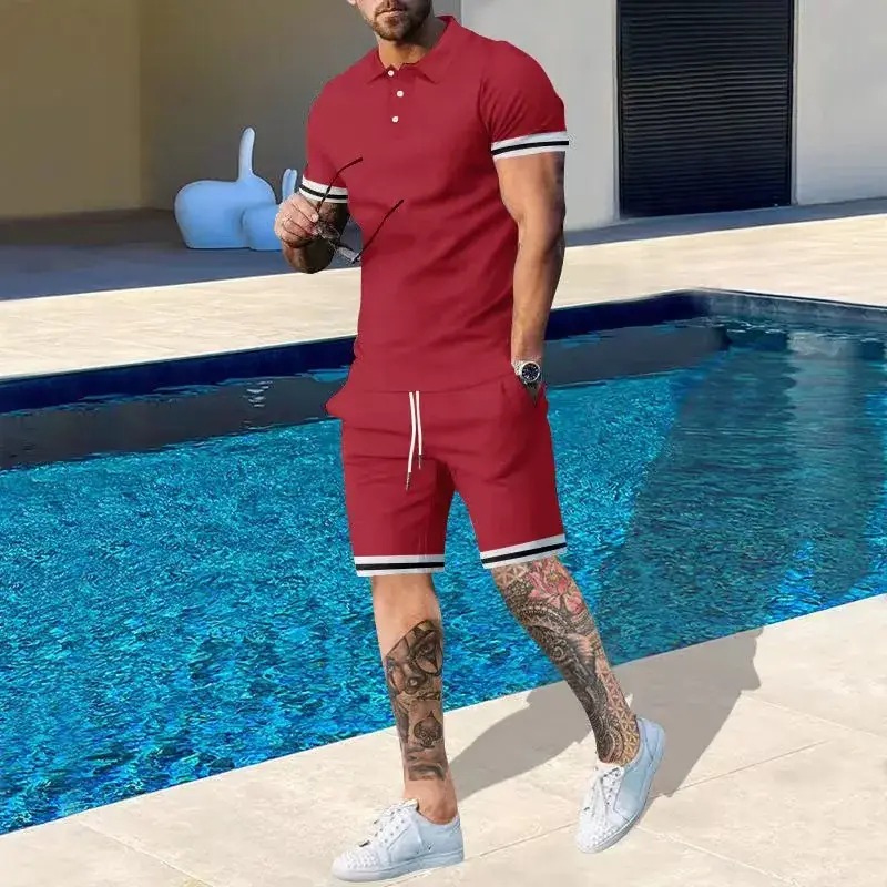 Men Green Short Sleeve Sports Shorts Set